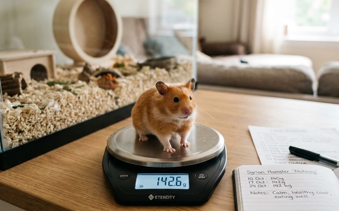 Syrian hamster standing on a digital gram scale during a gentle home weight check