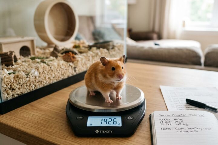 Syrian hamster standing on a digital gram scale during a gentle home weight check