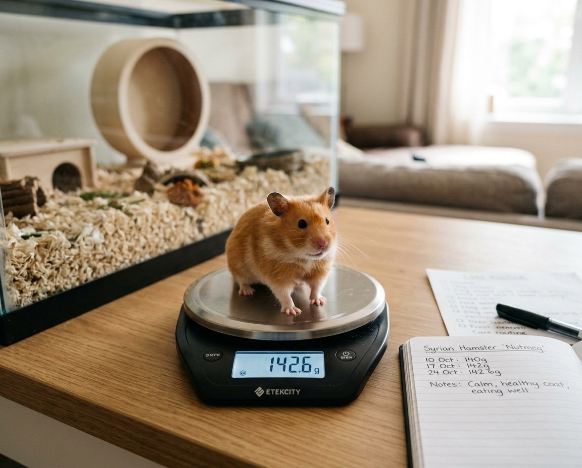 Syrian hamster standing on a digital gram scale during a gentle home weight check