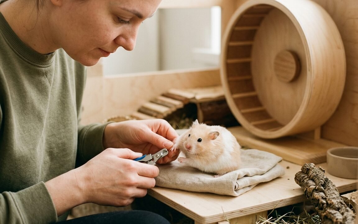 Hamster having slightly overgrown nails checked gently on a flat platform
