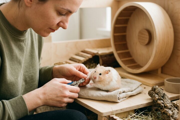 Hamster having slightly overgrown nails checked gently on a flat platform