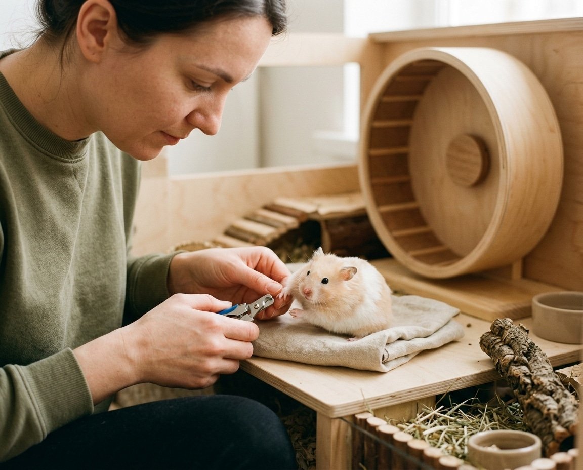 Hamster having slightly overgrown nails checked gently on a flat platform
