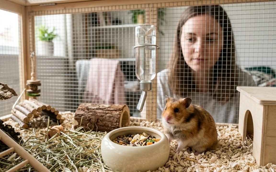 Syrian hamster sitting beside an untouched food bowl while an owner observes from outside the enclosure