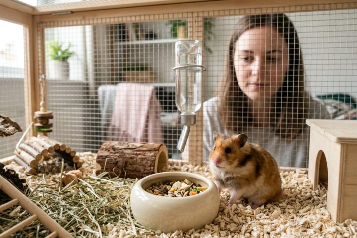 Syrian hamster sitting beside an untouched food bowl while an owner observes from outside the enclosure