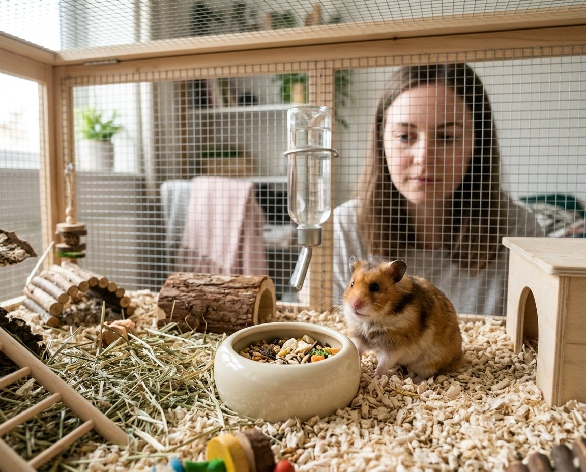 Syrian hamster sitting beside an untouched food bowl while an owner observes from outside the enclosure