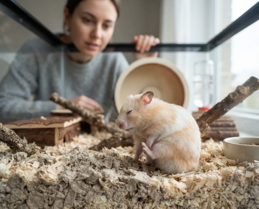Syrian hamster gently scratching its side in a clean low-dust enclosure