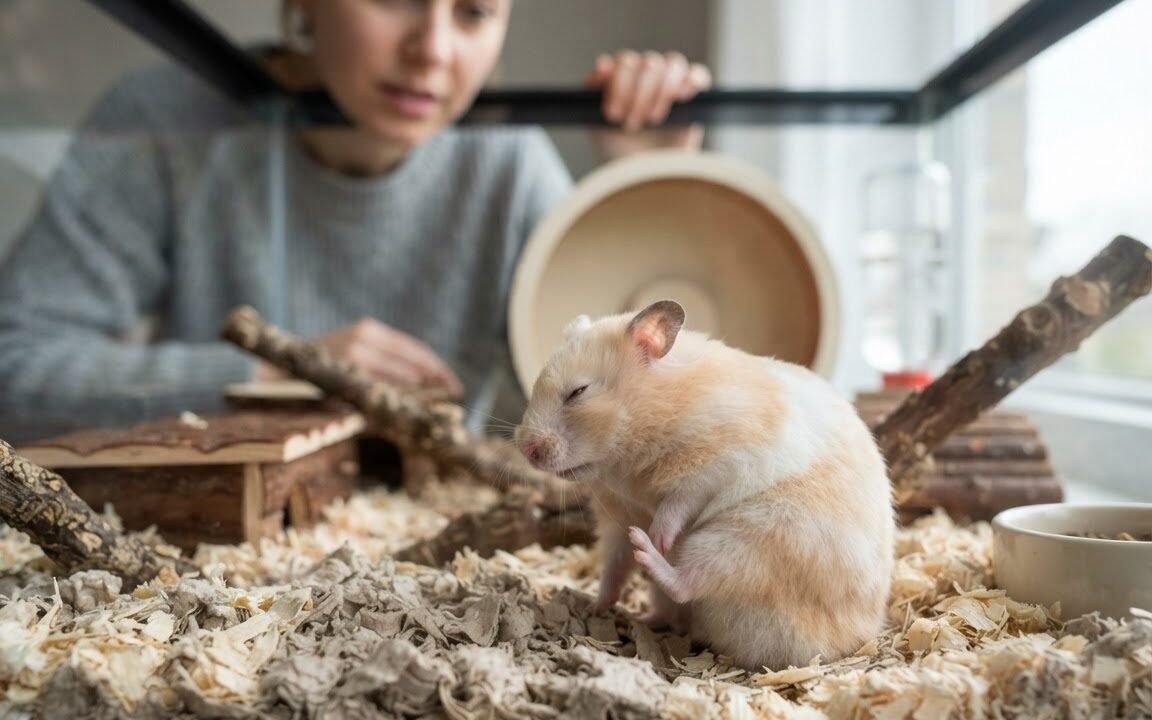 Syrian hamster gently scratching its side in a clean low-dust enclosure