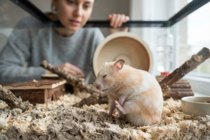 Syrian hamster gently scratching its side in a clean low-dust enclosure