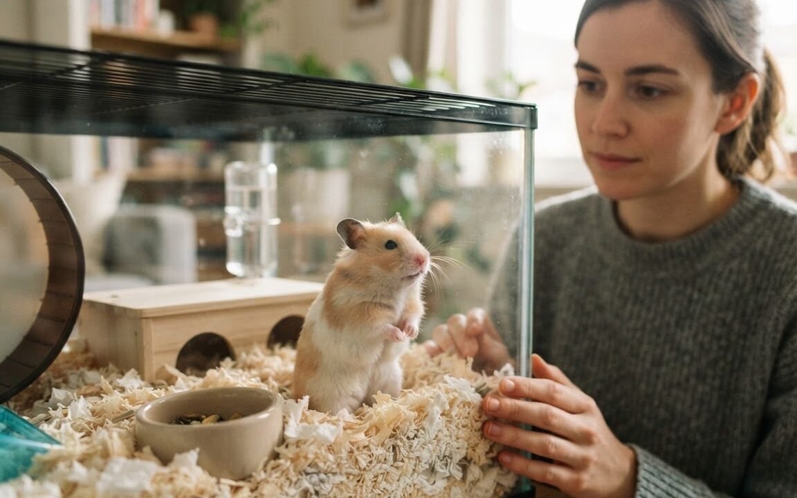 Syrian hamster sitting alert in clean bedding while an owner observes subtle trembling
