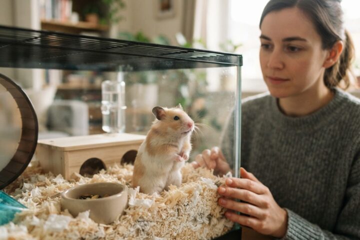 Syrian hamster sitting alert in clean bedding while an owner observes subtle trembling