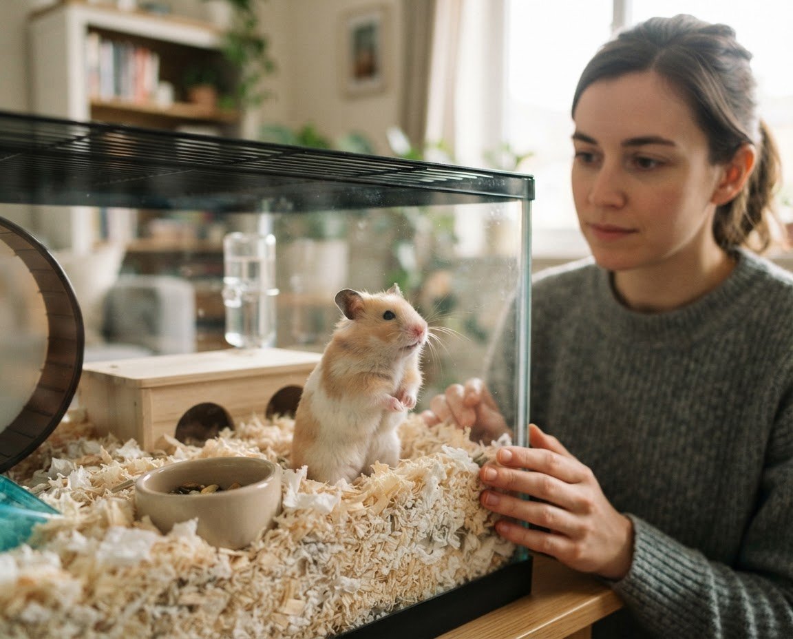 Syrian hamster sitting alert in clean bedding while an owner observes subtle trembling