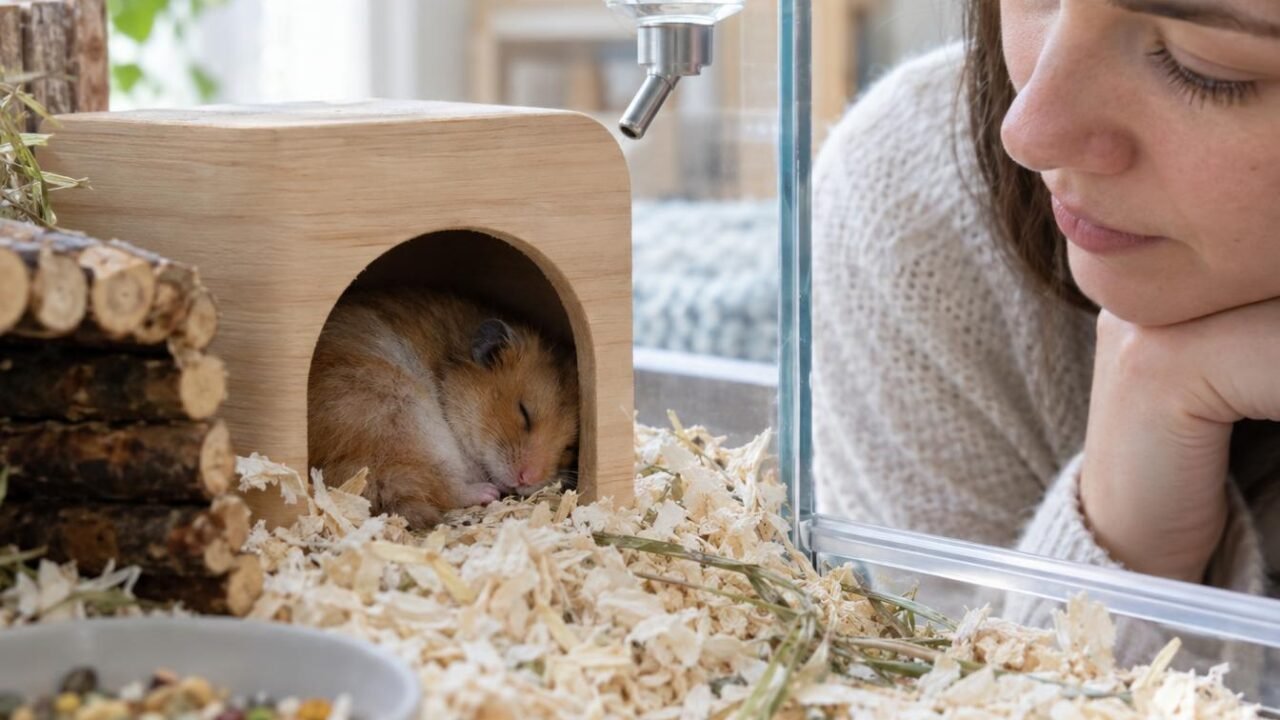 Hamster sleeping in the entrance of a hide while an owner observes from nearby