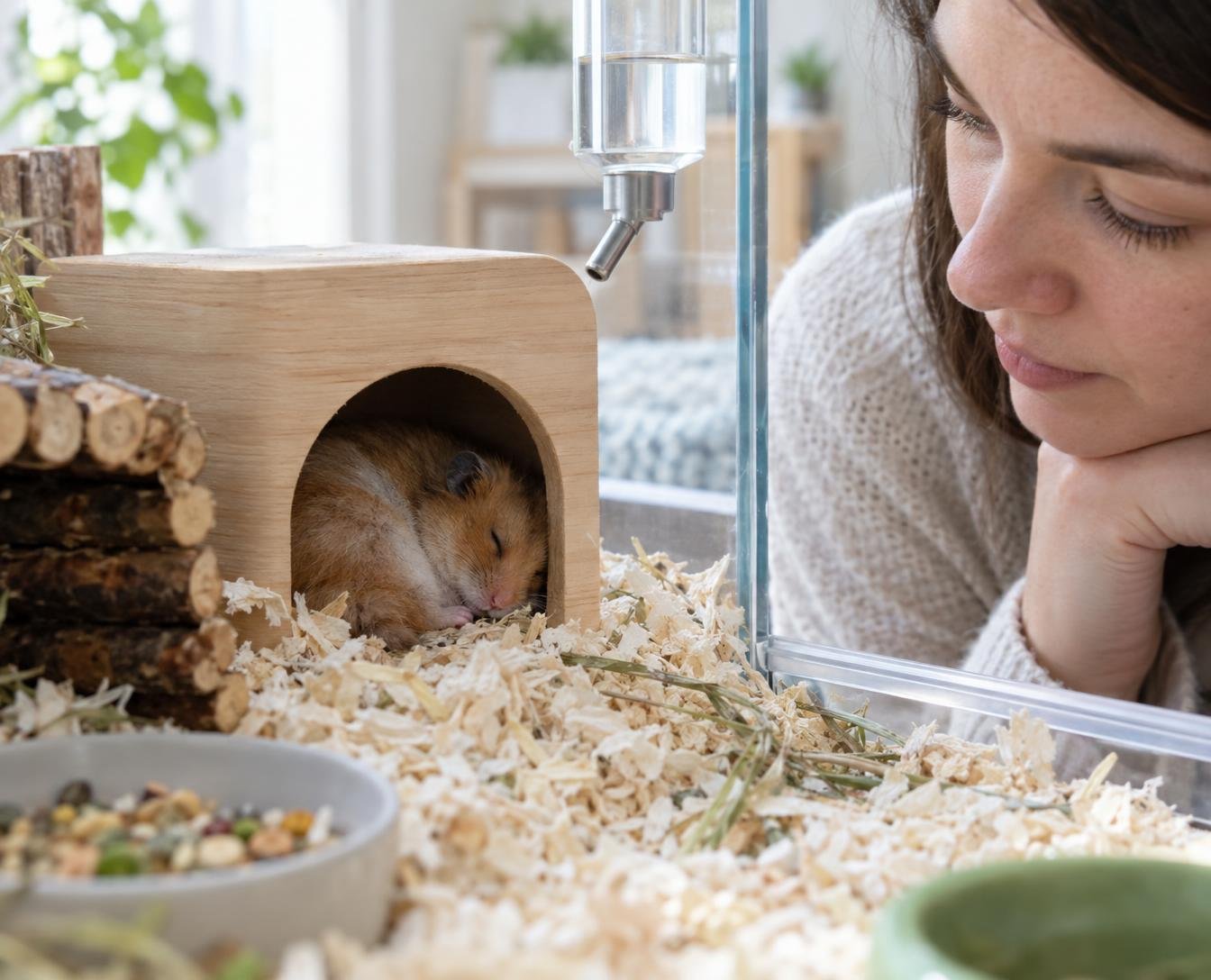 Hamster sleeping in the entrance of a hide while an owner observes from nearby