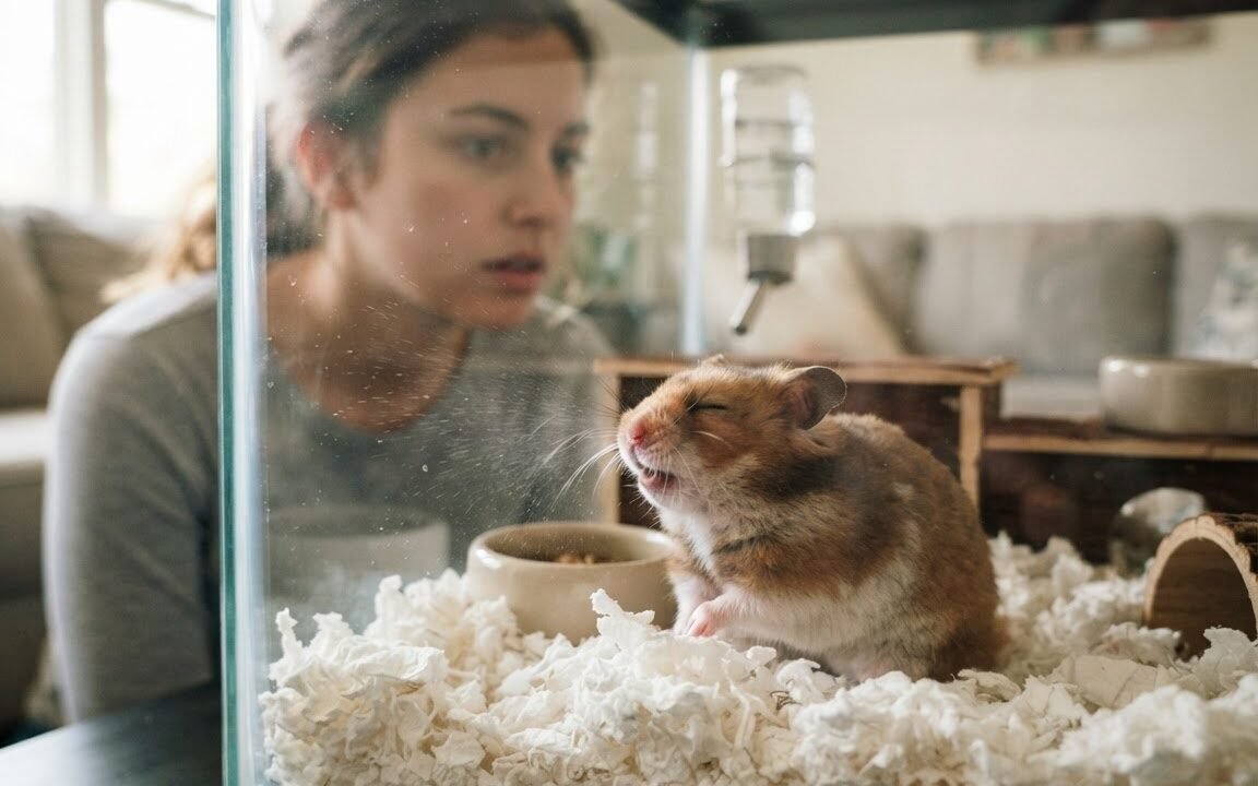 Hamster in a clean low-dust enclosure while an owner observes possible sneezing