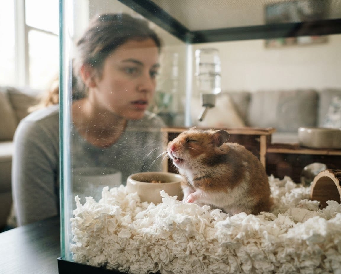 Hamster in a clean low-dust enclosure while an owner observes possible sneezing