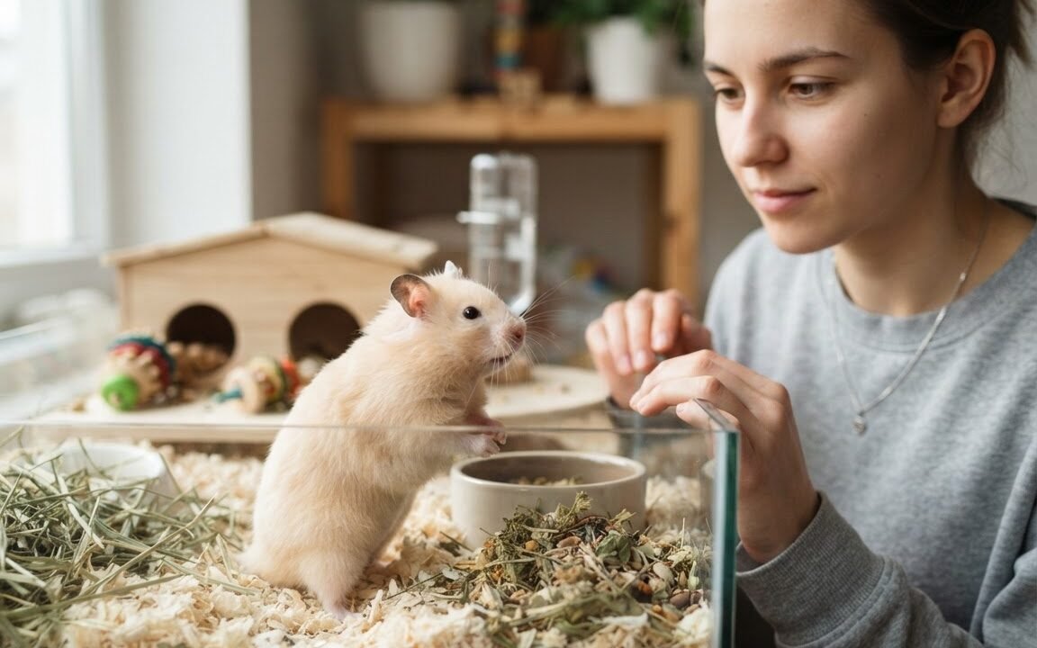 Syrian hamster with a slightly rounded abdomen standing on clean bedding while an owner observes