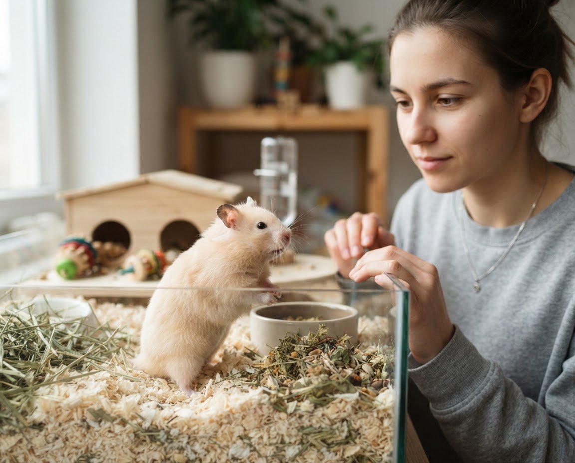 Syrian hamster with a slightly rounded abdomen standing on clean bedding while an owner observes