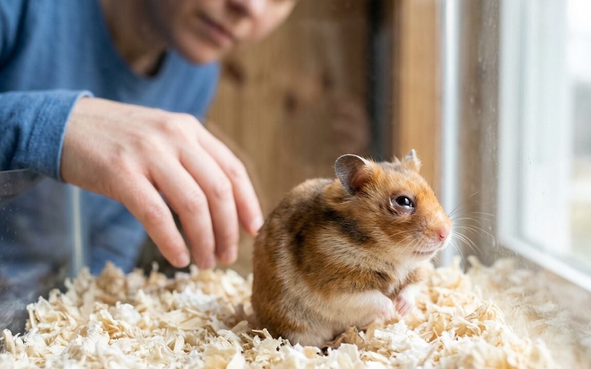 Hamster with one mildly swollen watery eye resting on clean bedding
