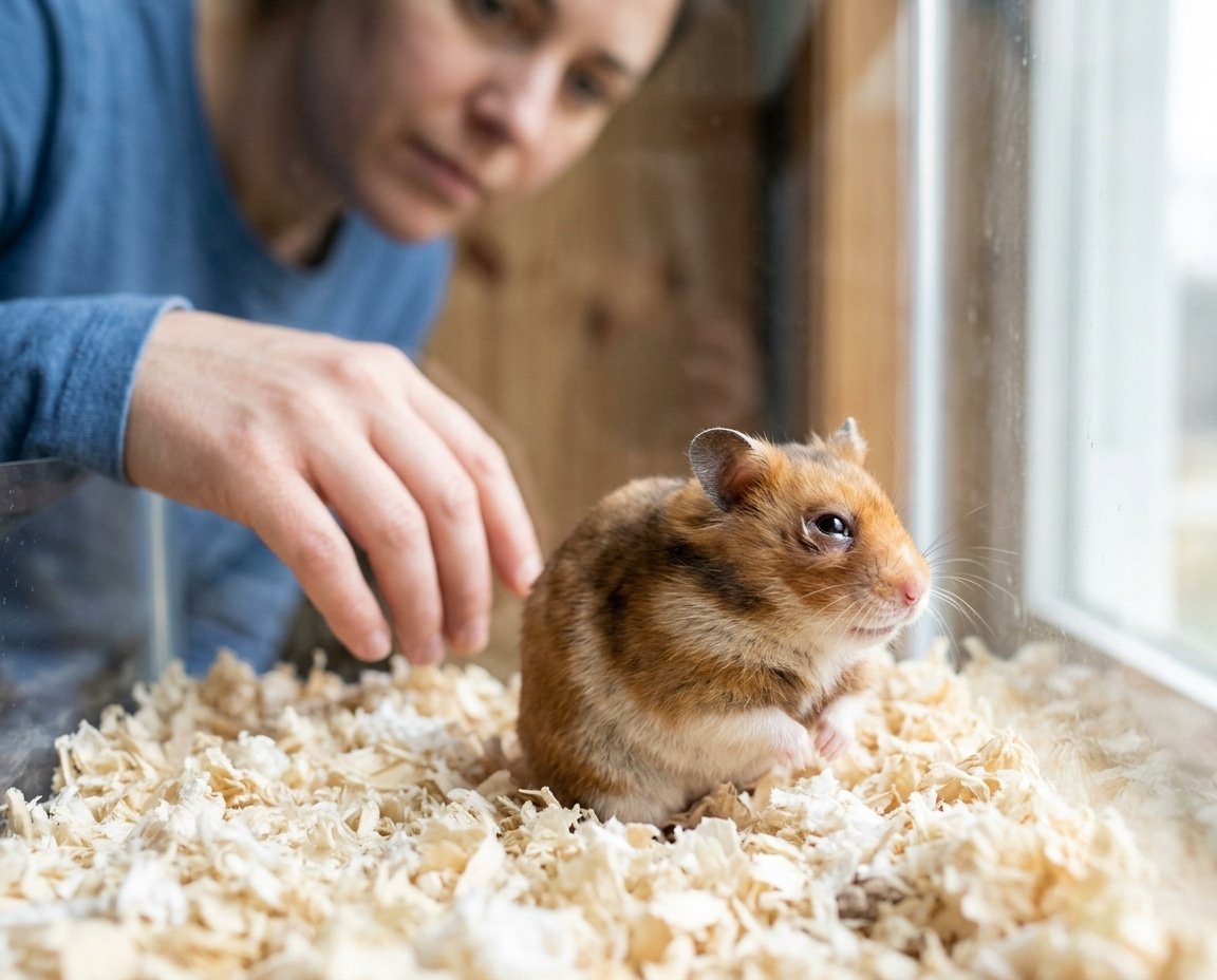 Hamster with one mildly swollen watery eye resting on clean bedding