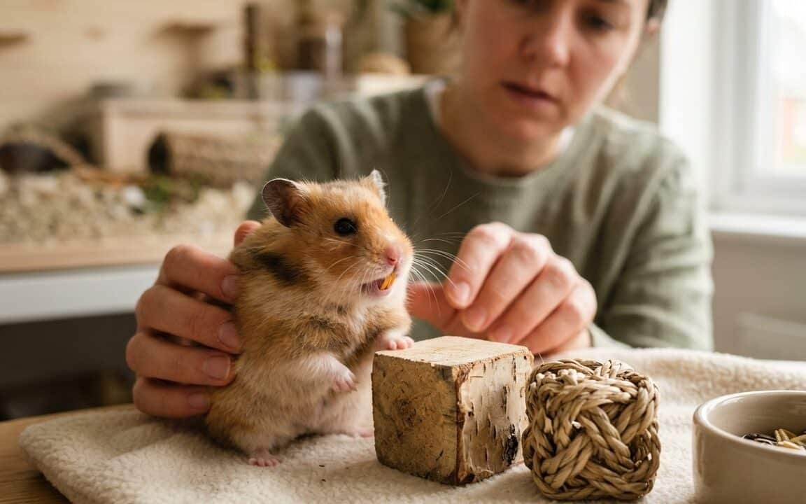 Syrian hamster with visibly overgrown front teeth near safe wooden chew blocks