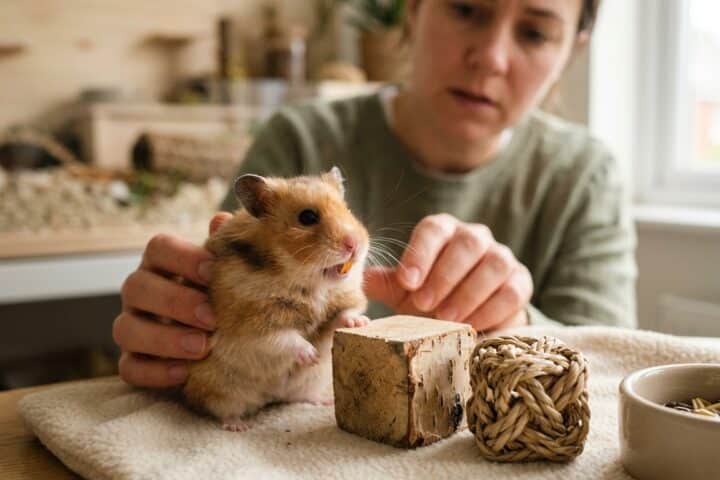 Syrian hamster with visibly overgrown front teeth near safe wooden chew blocks