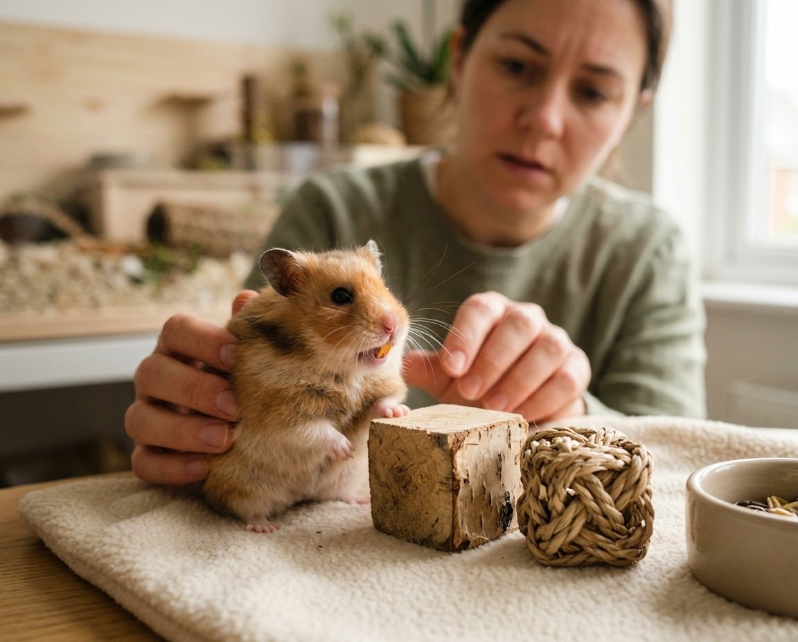 Syrian hamster with visibly overgrown front teeth near safe wooden chew blocks