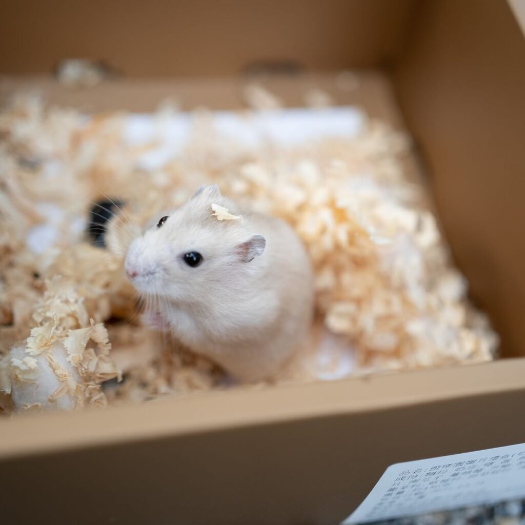 Pet hamster sitting in bedding inside a secure travel container