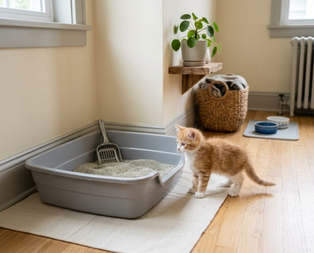 Young kitten beside a low-entry litter box in a quiet accessible corner