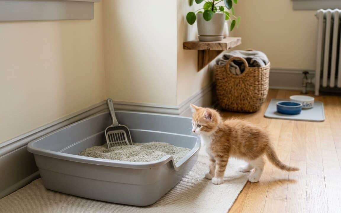 Young kitten beside a low-entry litter box in a quiet accessible corner