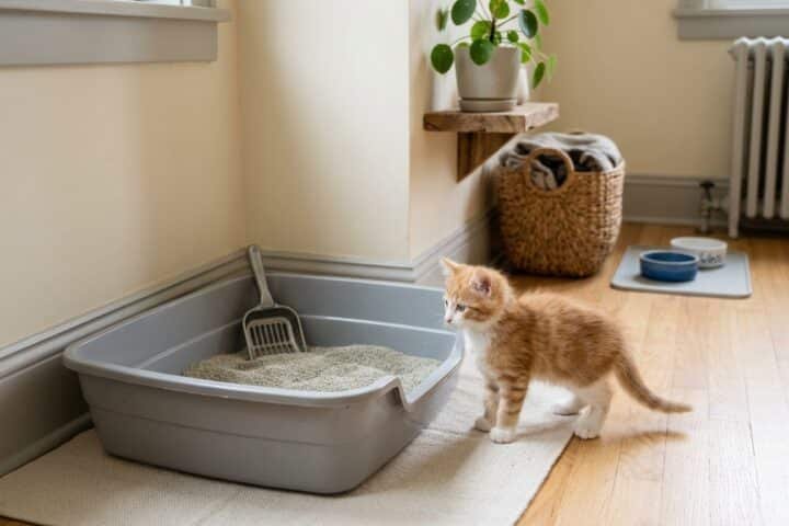 Young kitten beside a low-entry litter box in a quiet accessible corner