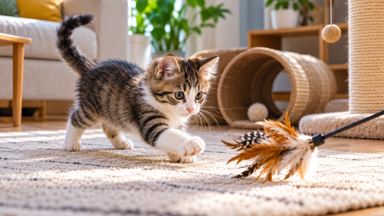 Young kitten chasing a wand toy during a short supervised indoor play session