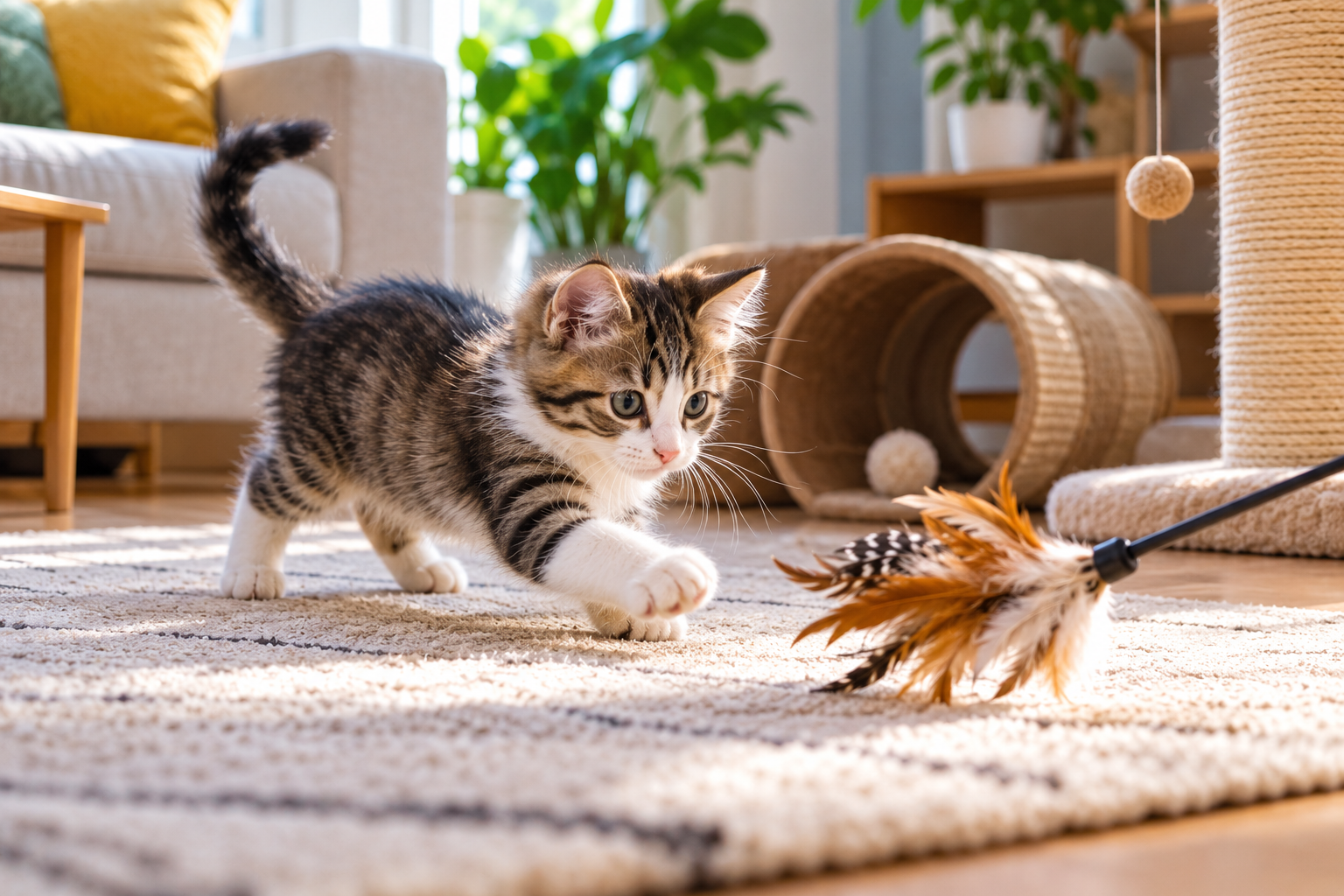 Young kitten chasing a wand toy during a short supervised indoor play session
