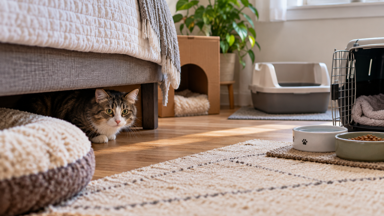 Newly adopted cat hiding safely under a bed with food water litter and carrier nearby