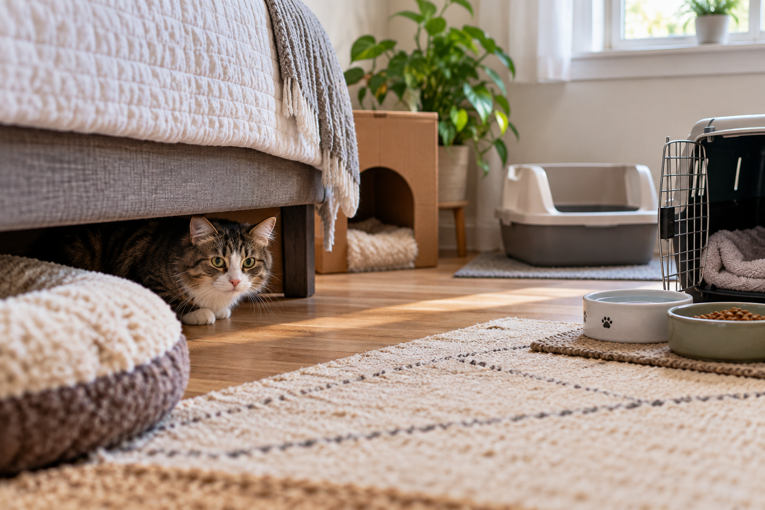 Newly adopted cat hiding safely under a bed with food water litter and carrier nearby