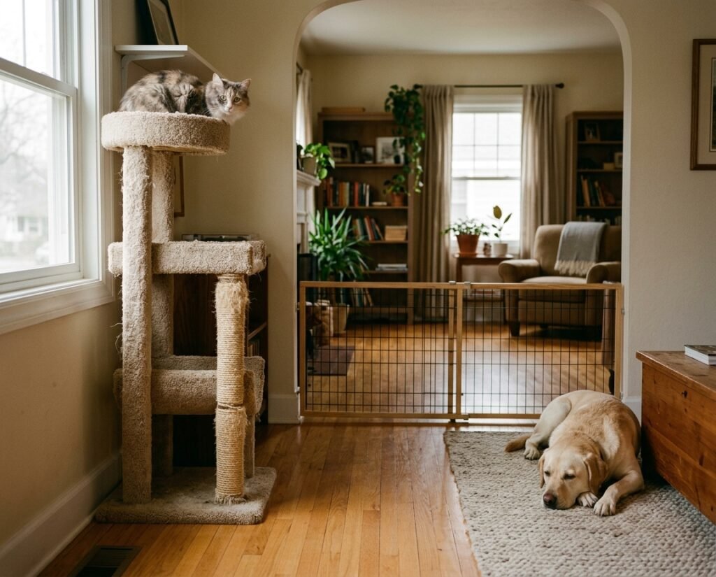 Cautious cat on a cat tree watching a relaxed resident dog from a safe distance