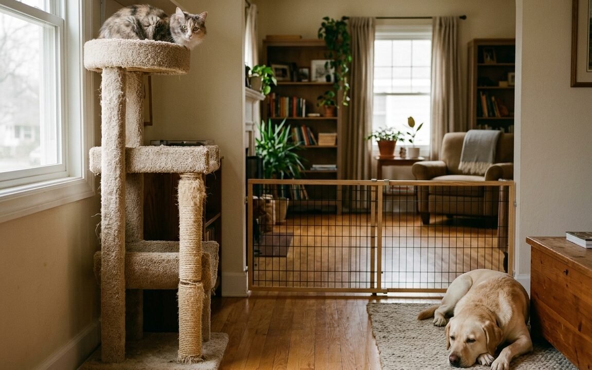 Cautious cat on a cat tree watching a relaxed resident dog from a safe distance