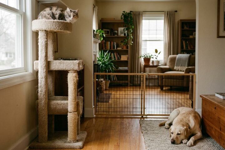 Cautious cat on a cat tree watching a relaxed resident dog from a safe distance