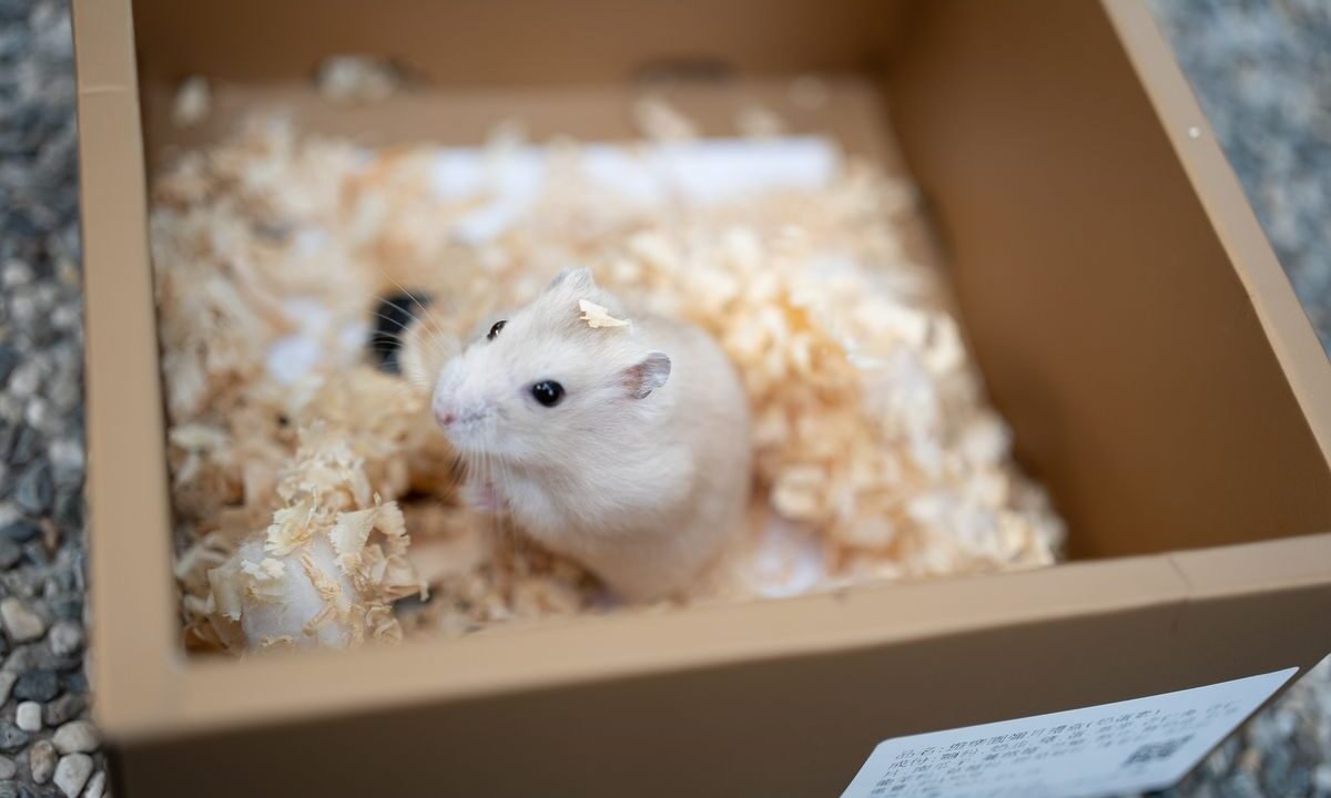 Hamster sitting in a box of bedding material during a small-pet substrate comparison