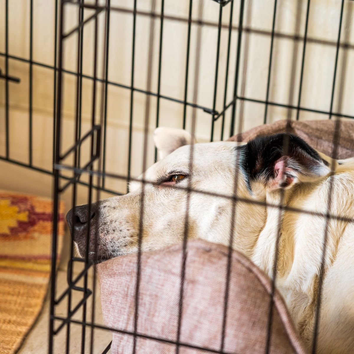 Dog resting inside a clean kennel while boarding conditions are evaluated