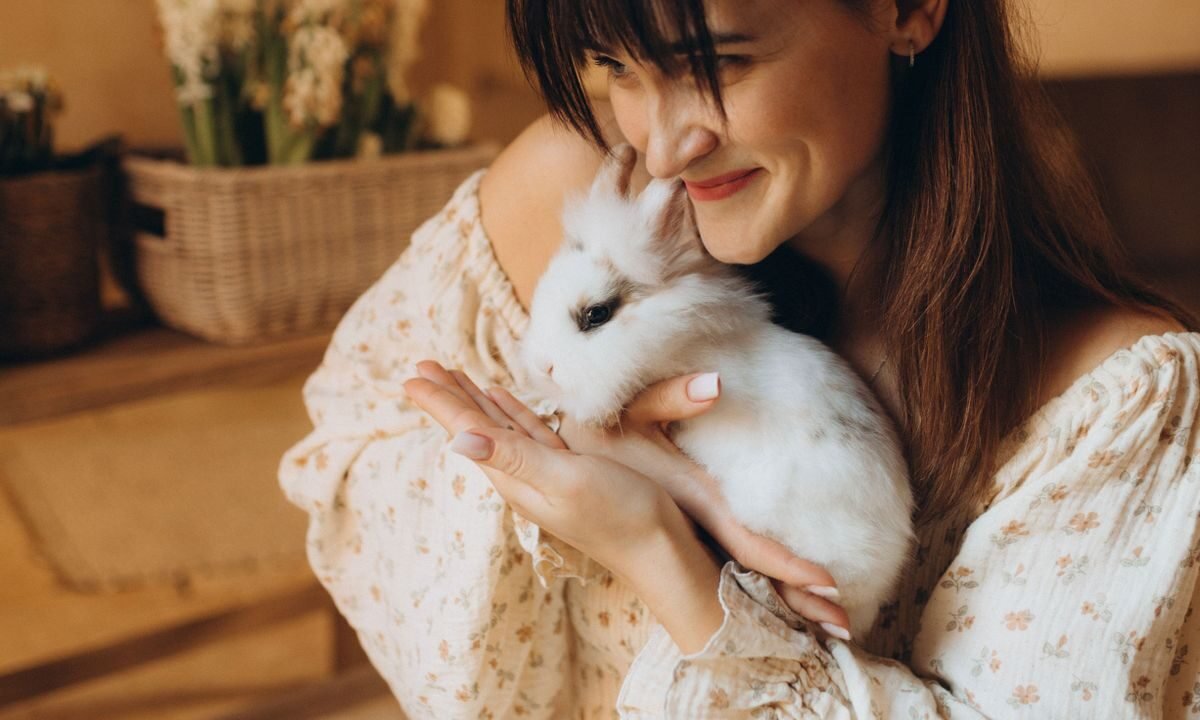 Person gently holding a rabbit while preparing for safe transport