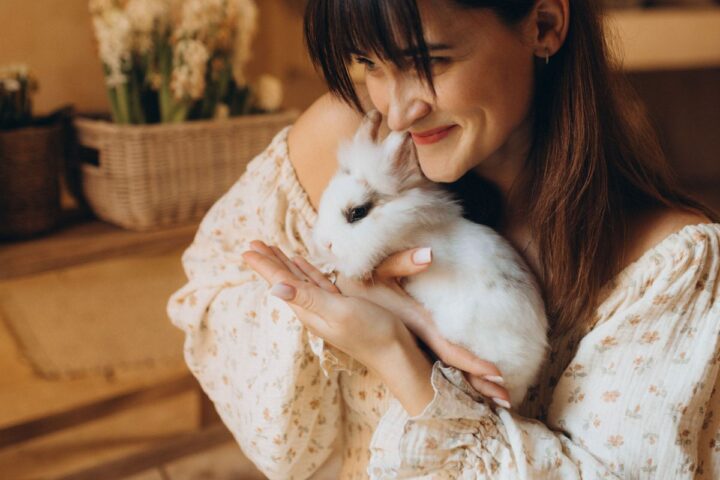 Person gently holding a rabbit while preparing for safe transport