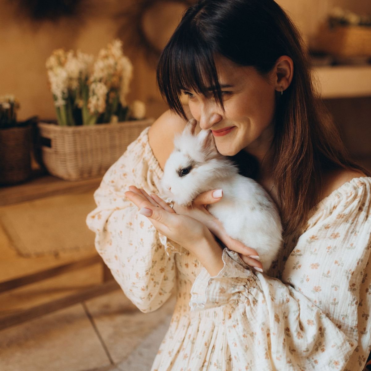 Person gently holding a rabbit while preparing for safe transport