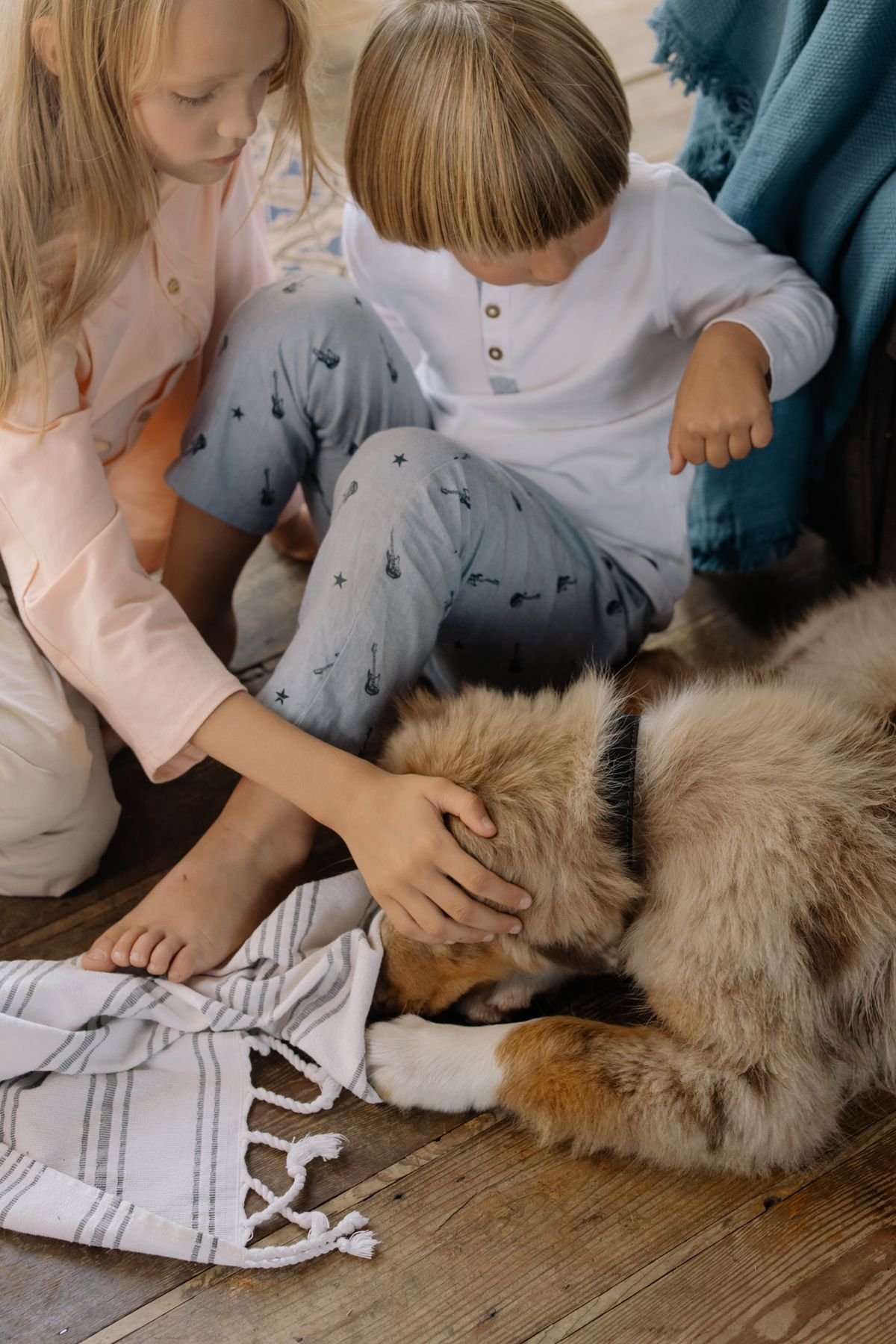 Two children sitting calmly and gently interacting with a family dog indoors