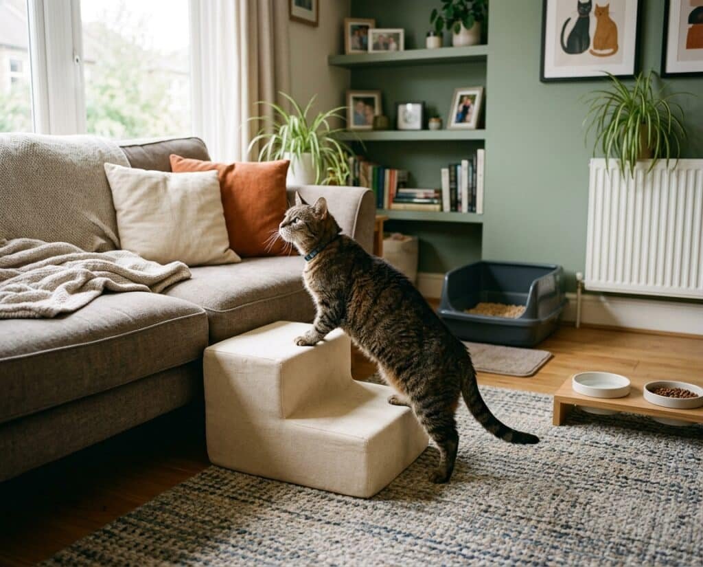 Senior tabby cat using pet steps in a mobility-friendly home with nonslip rugs