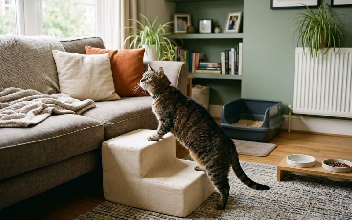 Senior tabby cat using pet steps in a mobility-friendly home with nonslip rugs