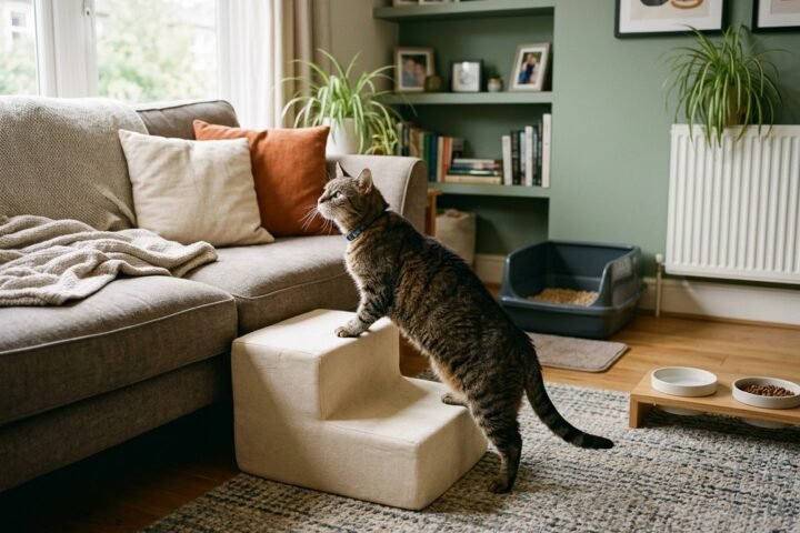 Senior tabby cat using pet steps in a mobility-friendly home with nonslip rugs