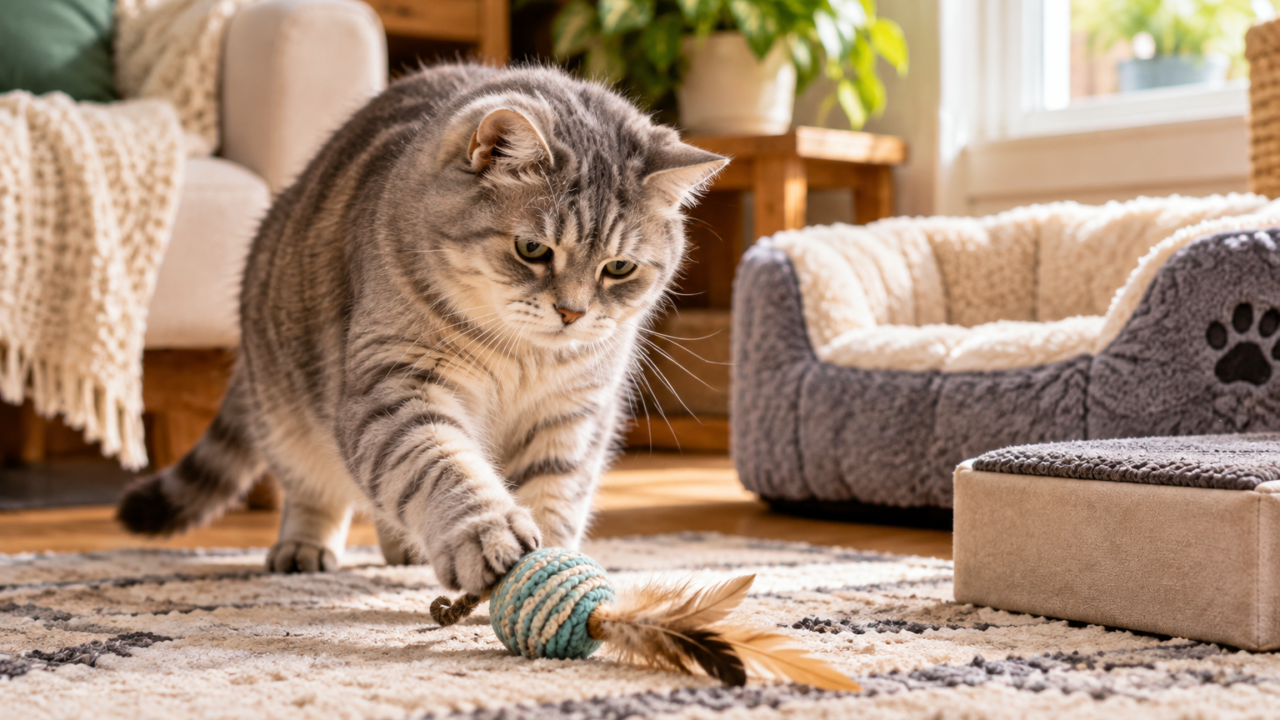 Senior tabby cat gently playing with a soft toy in an accessible living room