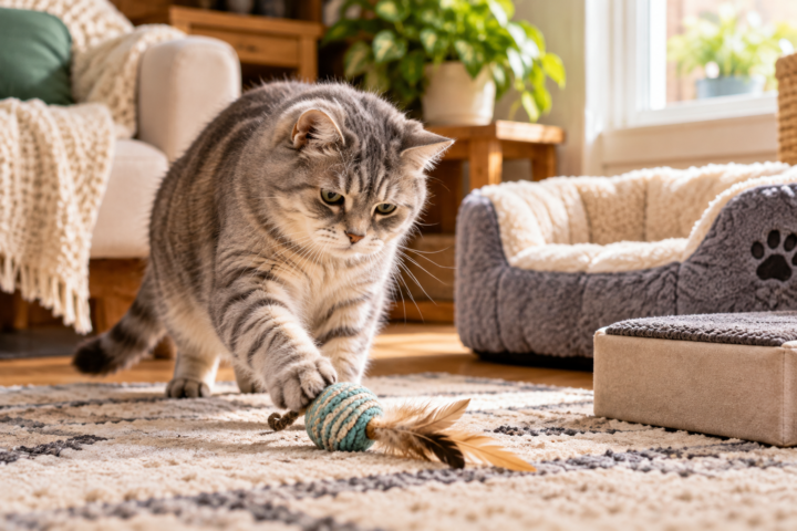 Senior tabby cat gently playing with a soft toy in an accessible living room