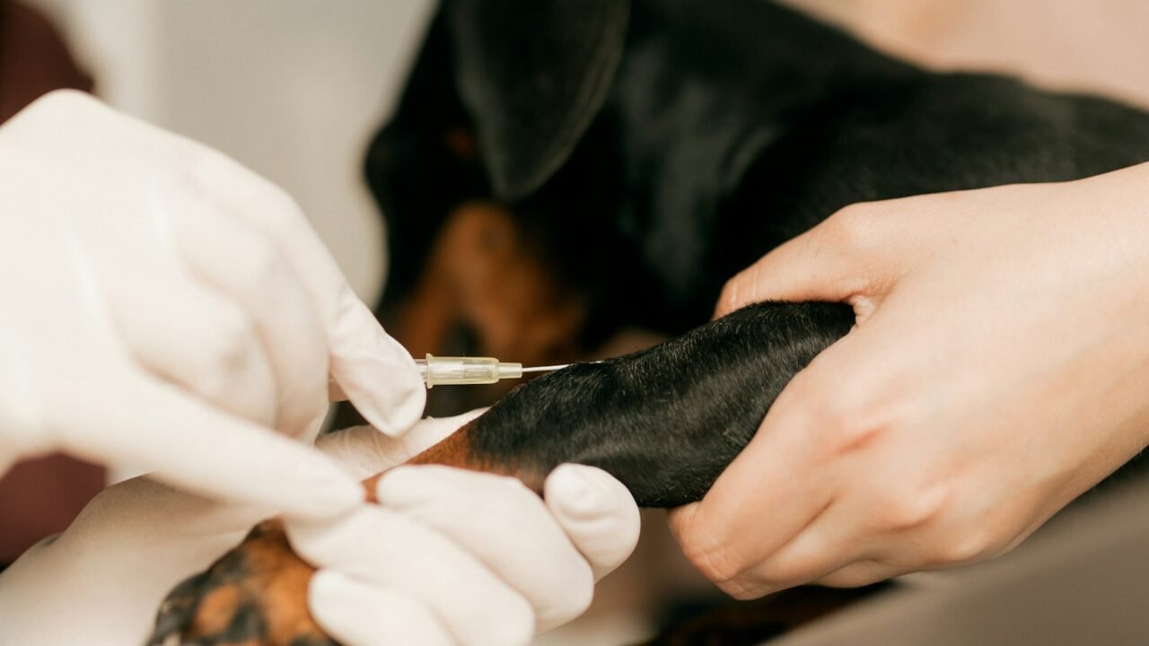 Veterinarian administering treatment to a small dog during a clinic visit